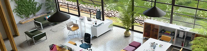 3D illustration of an open-plan office with lounge seating, workstations and greenery