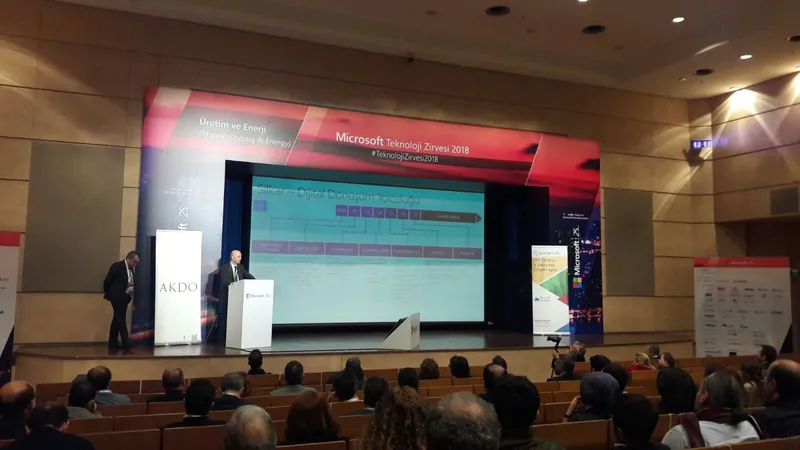 Microsoft Teknoloji Zirvesi 2018 sahnesinde bir konuşmacı, arkasında Silkar'ın dijital dönüşüm sunumu.