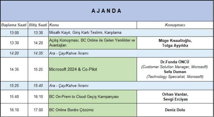 Etkinlik ajandası tablosu: BC Online yenilikleri, Microsoft & Co-Pilot, geçiş kampanyası ve bordro oturumları