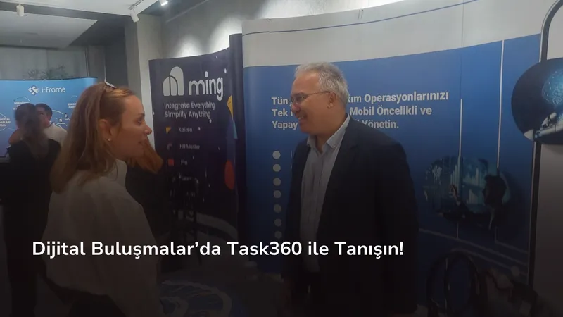 Bir fuar standı önünde sohbet eden iki kişi, arkada 'ming' ve 'i-frame' firmalarının tanıtım panoları