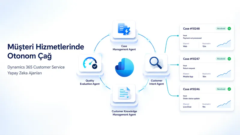 Şema: Dört yapay zeka ajanı Dynamics 365 simgesi çevresinde; sağda 9-18 dakikada çözülen üç örnek talep.
