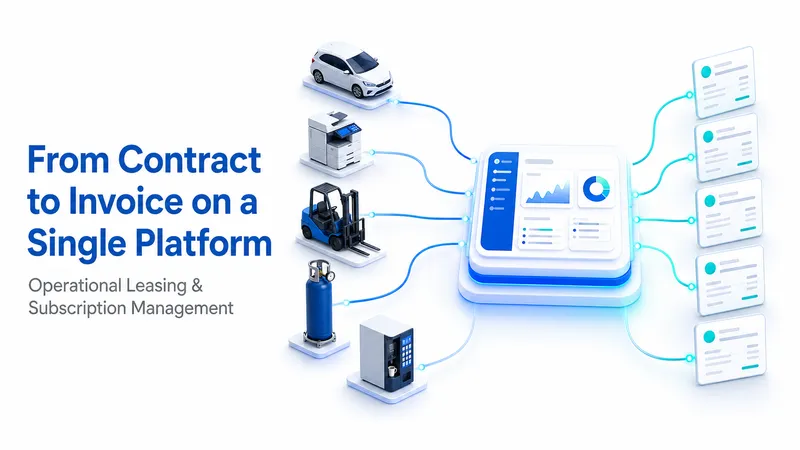 Icons of a car, copier, forklift, gas tank, and vending machine linking to a dashboard connected to invoices.