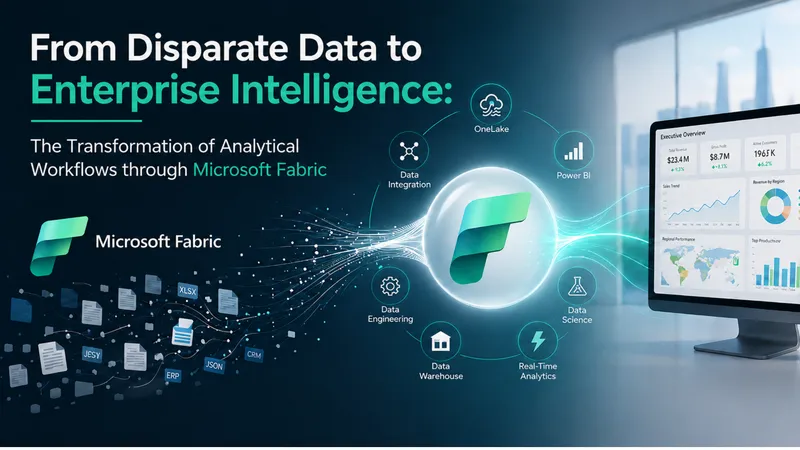 Diagram linking data sources like ERP, CRM, and JSON files through Microsoft Fabric to Power BI and a dashboard.