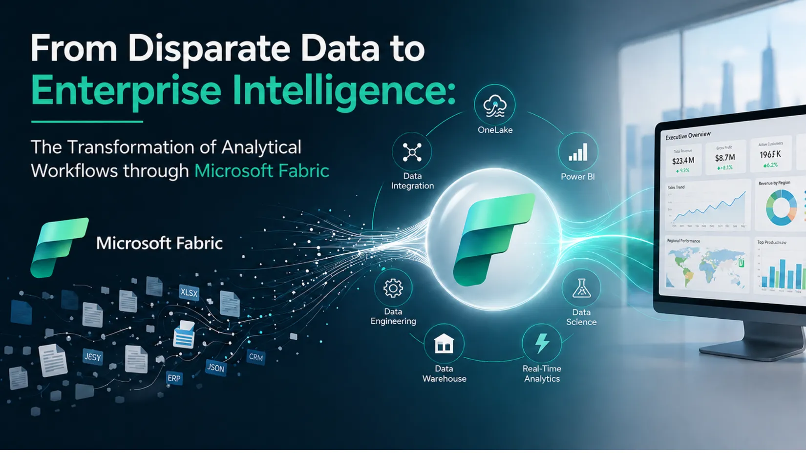 Diagram linking data sources like ERP, CRM, and JSON files through Microsoft Fabric to Power BI and a dashboard.