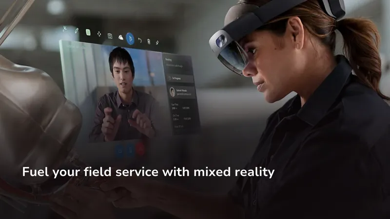 A technician wearing a HoloLens headset repairs equipment while a remote expert appears via Dynamics 365 Remote Assist.
