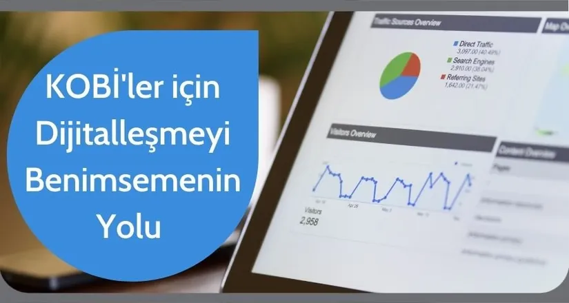 Tablet ekranında ziyaretçi trafiği pasta grafiği ve ziyaret sayısı çizgi grafiği gösteriliyor.