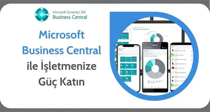 Business Central logosu ve üç telefon ekranında görünen satış panosu ekran görüntüleri.