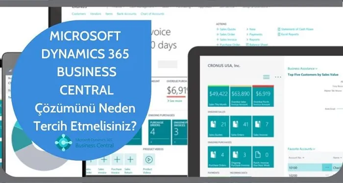 Business Central müşteri ve satış panosu, tablet ile dizüstü bilgisayar ekranlarında gösteriliyor.