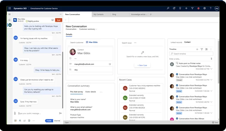 Dynamics 365 Customer Service omnichannel agent screen: live chat panel and customer case history