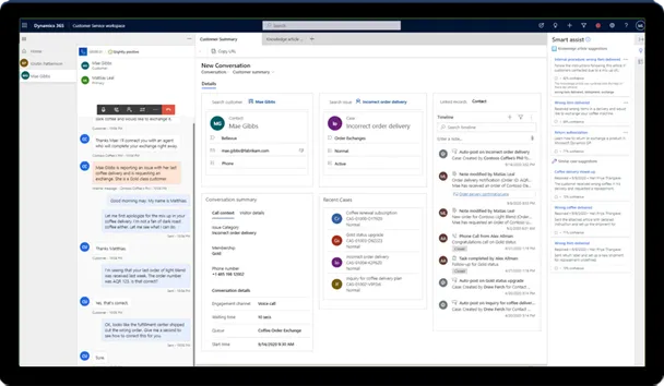 Agent workspace showing a live chat, case details, and the Smart Assist panel suggesting knowledge articles