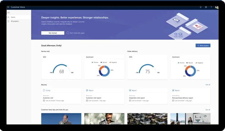 Dynamics 365 Customer Voice içgörü panosu ekran görüntüsü