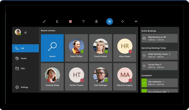 Dynamics 365 Remote Assist HoloLens screen with a contacts grid, toolbar, and bookings/tasks panel