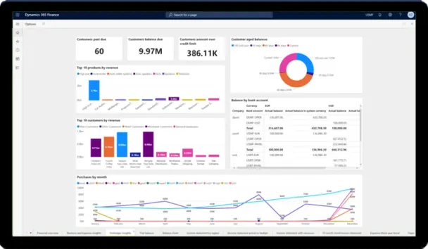 Dynamics 365 Finance customer and cash flow dashboard screenshot