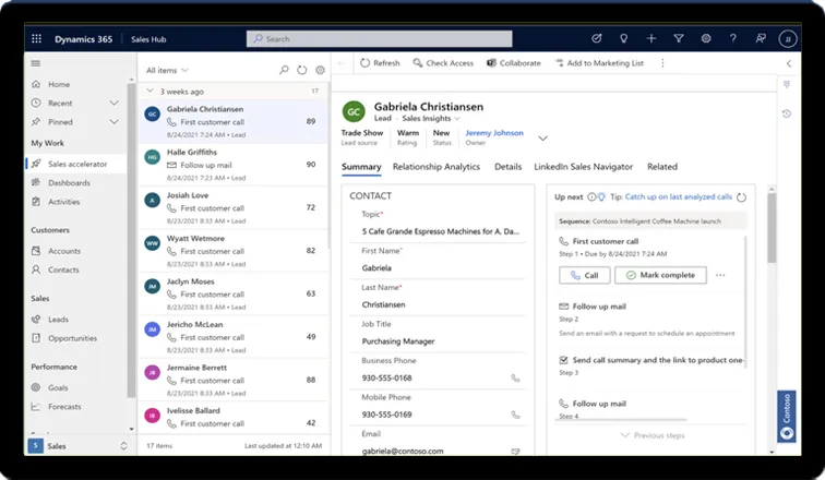 Dynamics 365 Sales Hub screen: lead list on the left, contact details and next-step suggestions on the right