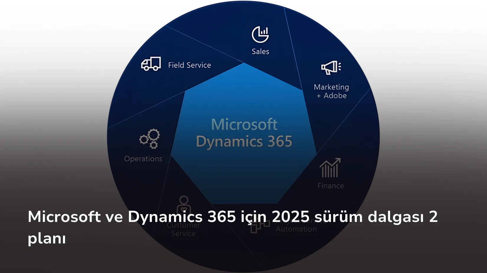 Microsoft Dynamics 365 çarkı: Sales, Marketing, Finance, Operations, Field Service, Customer Service dilimleri.
