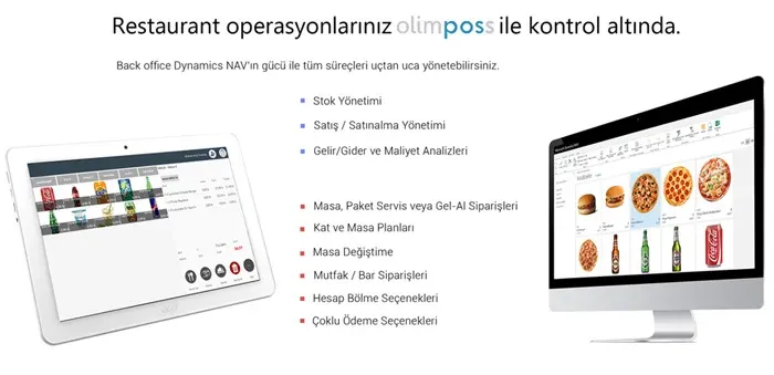 Olimposs restoran POS ekranlarının tablet ve masaüstü bilgisayarda gösterildiği ürün görseli