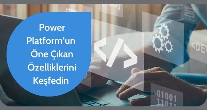 Bulanık bir laptop ve el görüntüsü üzerine kod, dişli ve ikili sayı simgeleri bindirilmiş