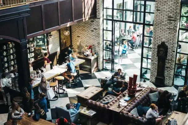 Overhead view of a busy café and restaurant interior