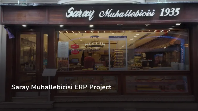 Saray Muhallebicisi's illuminated storefront at night, pastry displays visible inside