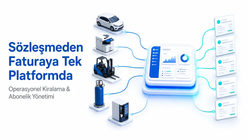 Araç, forklift, tüp ve kahve otomatı ikonlarının ortadaki bir panele bağlandığı şema