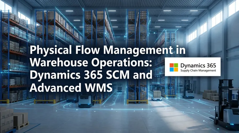 Automated guided vehicles in a warehouse, with the Dynamics 365 SCM logo on the right
