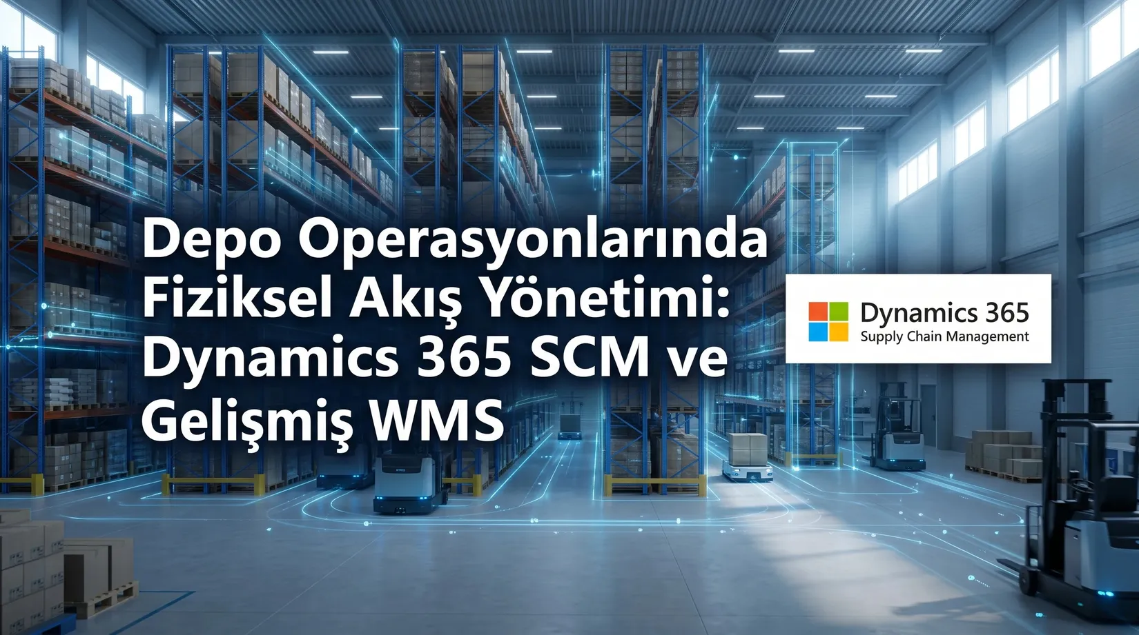 Otomatik taşıma robotlarının çalıştığı bir depoda sağda Dynamics 365 SCM logosu