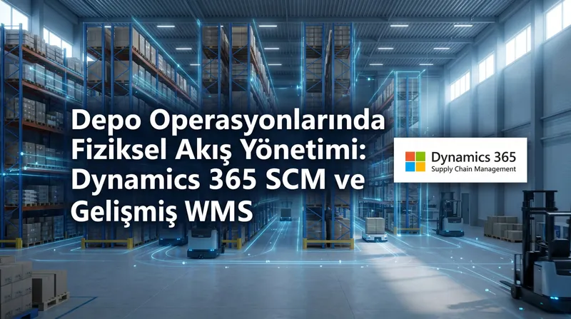 Otomatik taşıma robotlarının çalıştığı bir depoda sağda Dynamics 365 SCM logosu