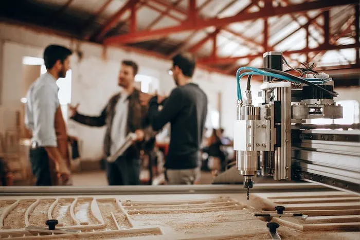 Atölyede bir CNC işleme makinesi ön planda, arkada sohbet eden üç kişi