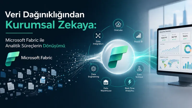 Microsoft Fabric logosunu OneLake, Power BI ve veri modülleriyle birleştiren şema