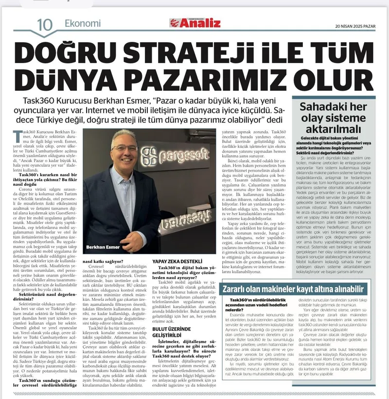 Analiz gazetesinde Berkhan Esmer'in Pargesoft tabelası önünde fotoğrafıyla yayımlanan röportaj sayfası