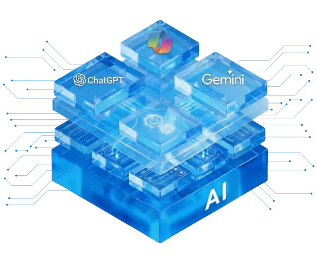 Hybrid AI infrastructure featuring Azure OpenAI, Gemini, and Custom Agents