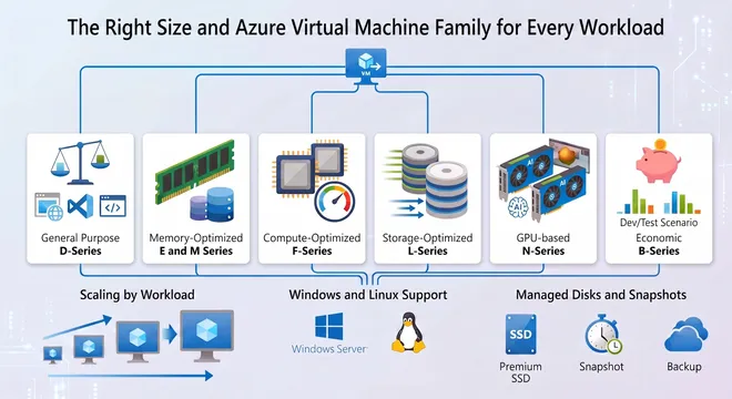 Azure Virtual Machines families and sizes for general-purpose, memory-optimized, compute-optimized and GPU workloads