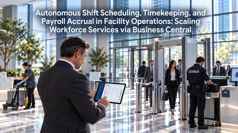 A manager in an office tower lobby reviewing a timekeeping screen on a tablet; behind him turnstiles, a walk-through metal detector and a security officer at an X-ray desk, and on the left a cleaner working with a cleaning cart