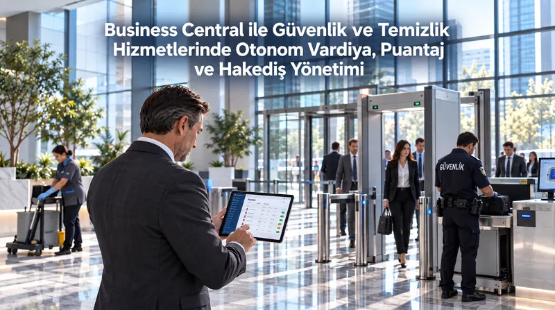 Plaza lobisinde tablette puantaj ekranını inceleyen bir yönetici; arkada turnikeler, metal dedektörlü geçiş ve X-ray bankosunda çalışan güvenlik görevlisi, solda temizlik arabasıyla çalışan temizlik personeli