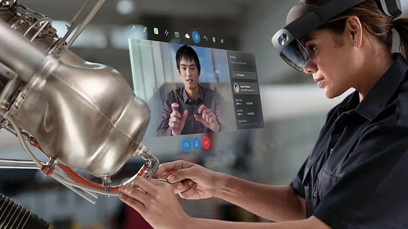 HoloLens takan bir teknisyen, motor parçasını tamir ederken holografik görüntülü görüşme yapıyor