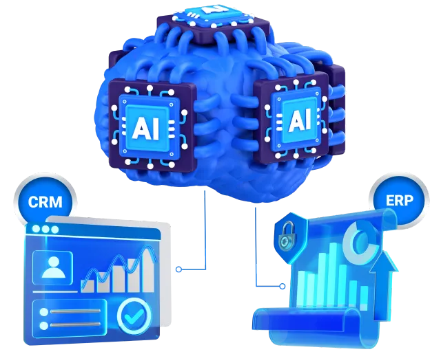 3D illustration of an AI core connected to CRM and ERP systems, representing an integrated enterprise AI approach