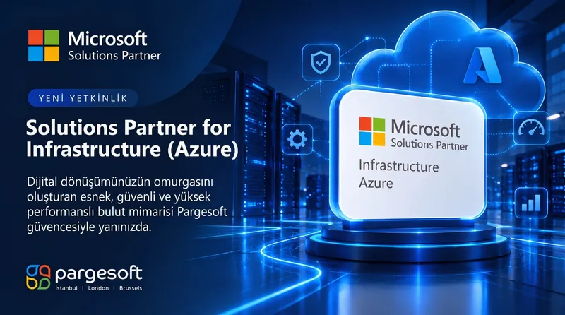 Pargesoft’un yeni Microsoft Solutions Partner yetkinliği Infrastructure (Azure)’u duyuran afiş; bulut ve sunucu dolaplarının önünde parlayan Solutions Partner Infrastructure Azure rozeti