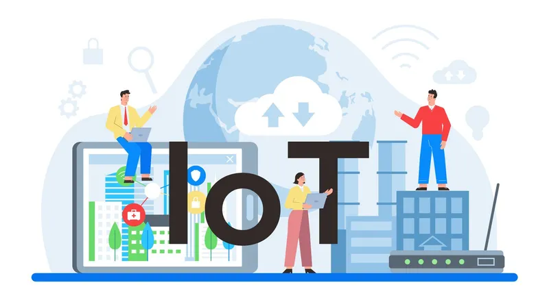IoT harfleri, bulut, wifi ve şehir binalarıyla nesnelerin interneti temalı çizim; dizüstü bilgisayarla çalışan kişiler
