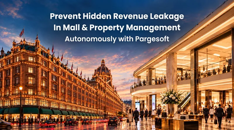 Banner reading "Prevent Hidden Revenue Leakage in Mall & Property Management Autonomously with Pargesoft" over an illuminated shopping street and store entrance at dusk