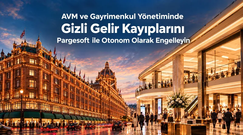 Afiş görseli: "AVM ve Gayrimenkul Yönetiminde Gizli Gelir Kayıplarını Pargesoft ile Otonom Olarak Engelleyin" yazısı, akşam saatinde aydınlatılmış alışveriş caddesi ve mağaza girişi üzerinde