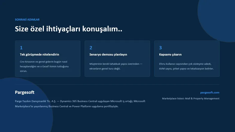 Kapanış slaytı: üç adımlık sonraki adımlar ve Pargesoft künyesi