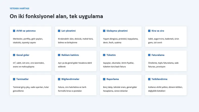 On iki fonksiyonel alanı kart kart listeleyen yetenek haritası