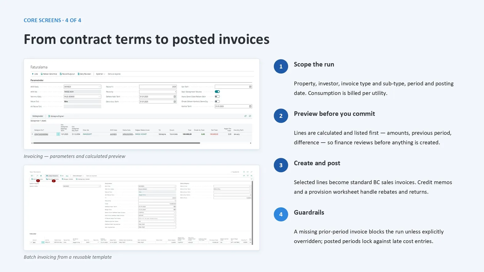 Billing parameters and calculated preview screens beside the four-step batch invoicing flow