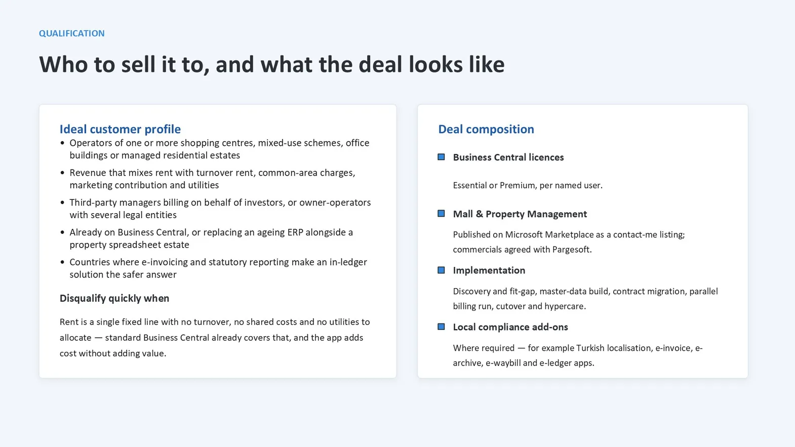 Slide listing the ideal customer profile and the components of the offer in two columns