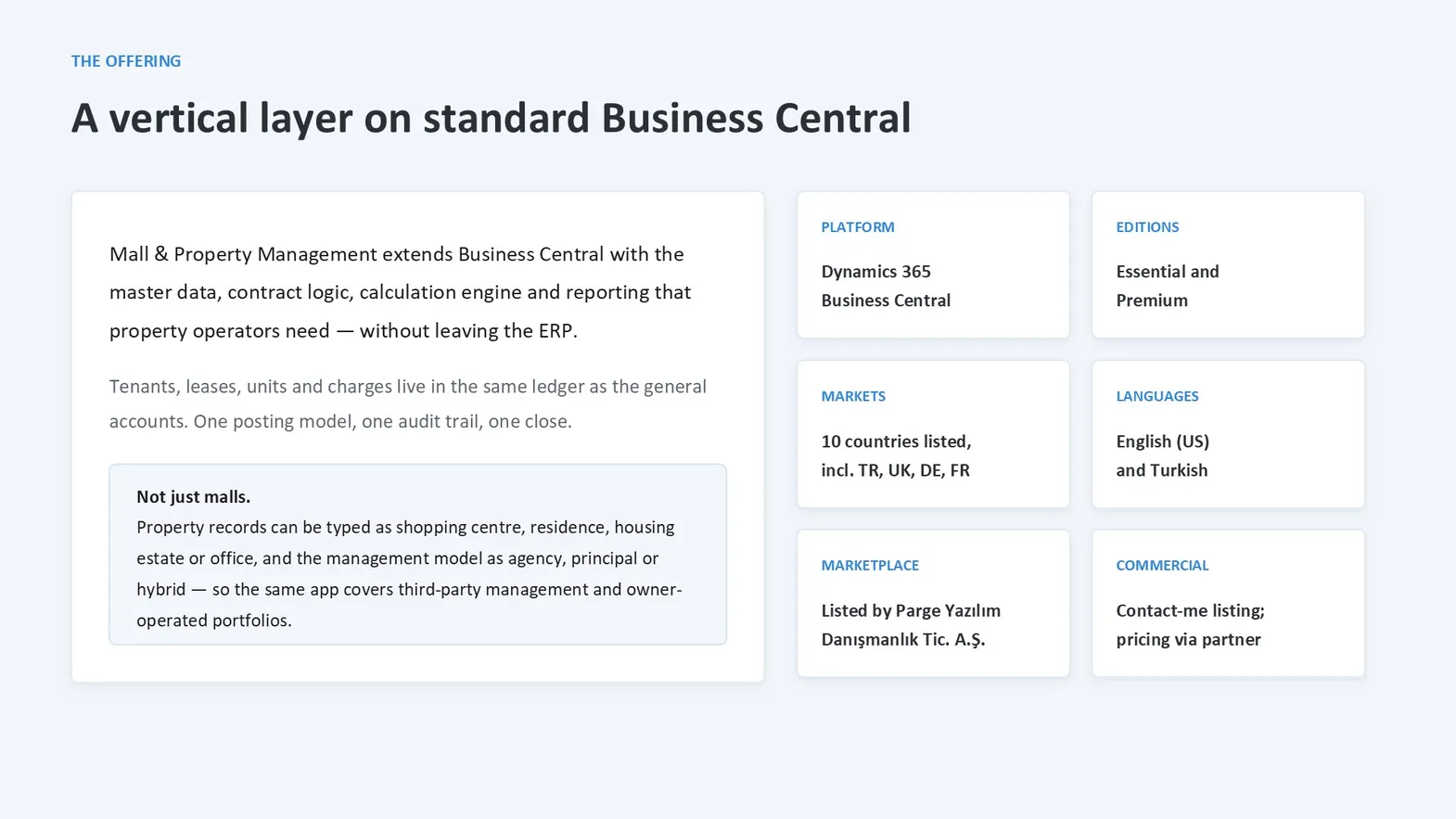 Slide summarising the vertical layer on Business Central with platform, edition, markets, languages and commercial model