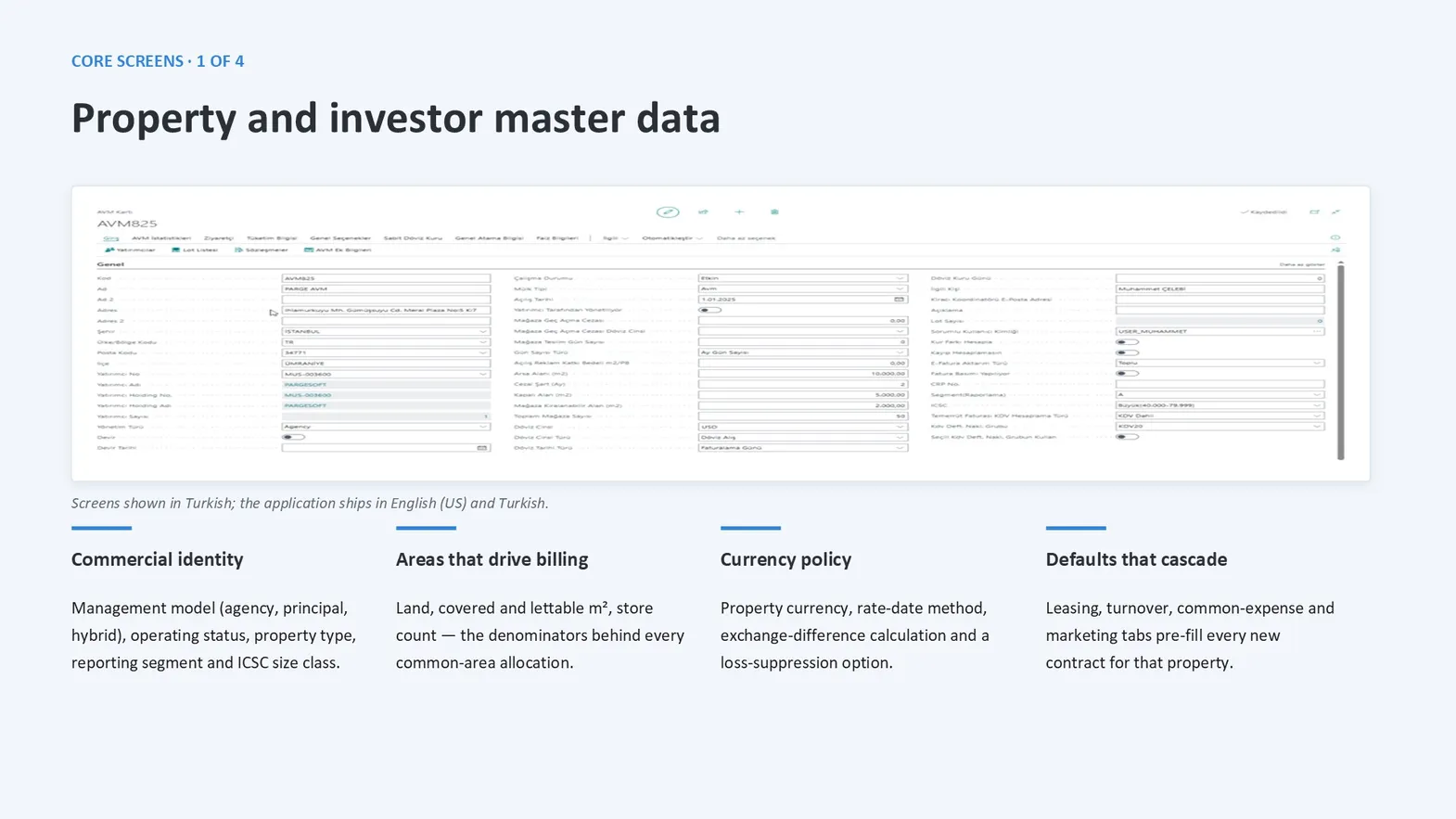 Business Central property card screenshot with commercial identity, billing-driving fields and currency policy headings
