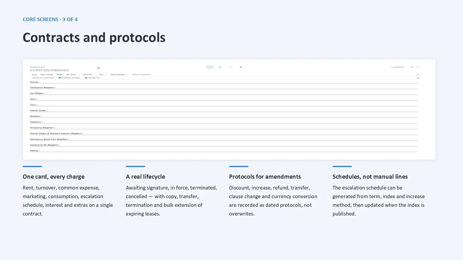 Contract card screenshot with rent, turnover, common-area, marketing, consumption and guarantee tabs
