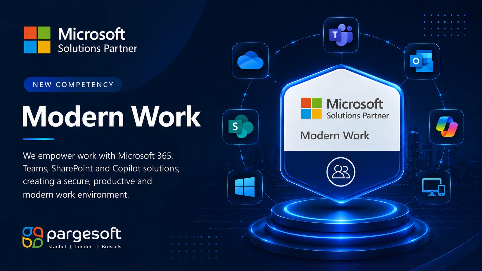 Microsoft Solutions Partner Modern Work badge surrounded by Teams, Outlook, OneDrive, and SharePoint icons