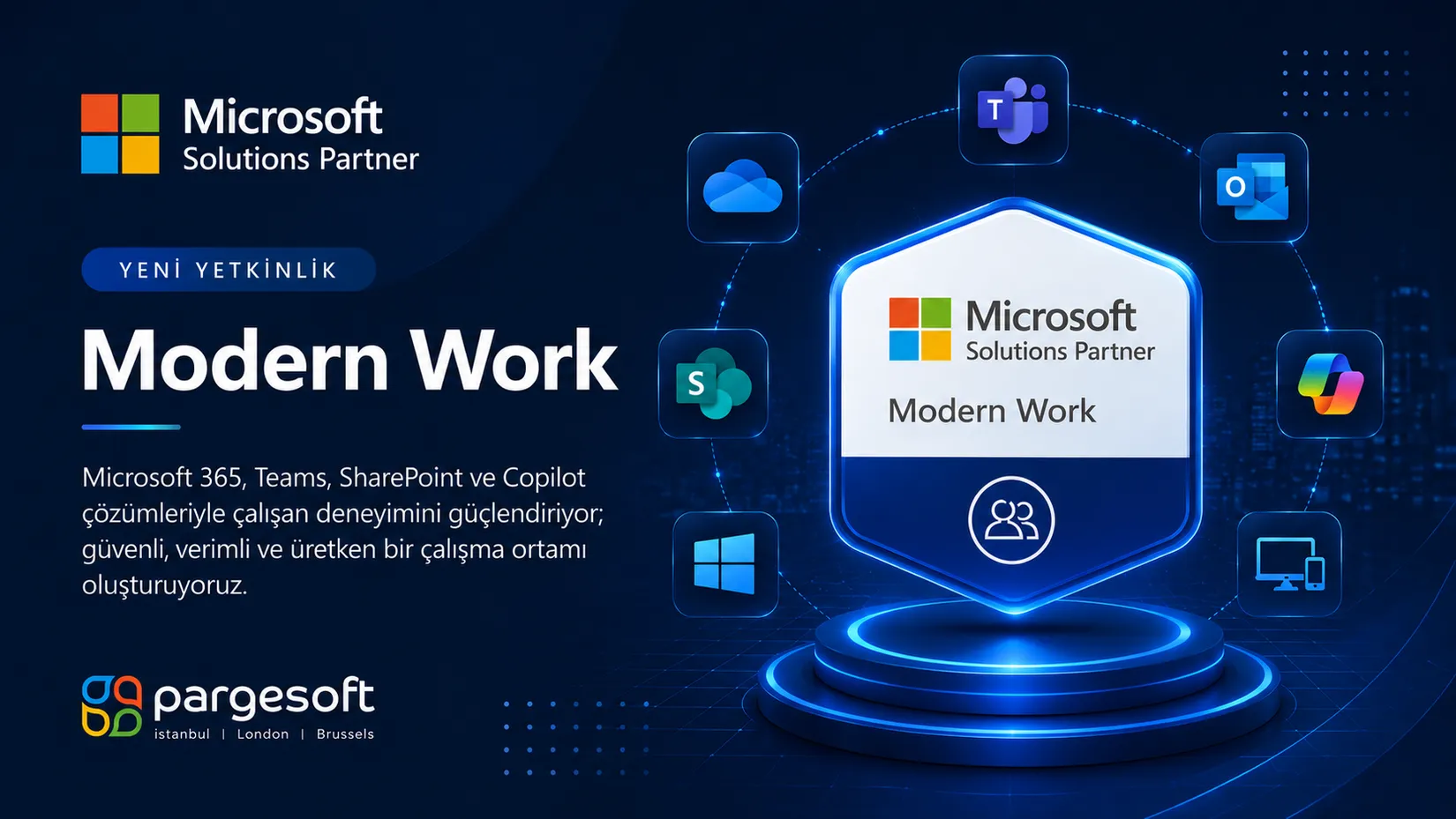 Microsoft Solutions Partner 'Modern Work' rozeti, çevresinde Teams, Outlook, OneDrive ve SharePoint simgeleri