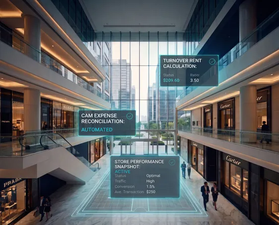 Mall & Property Management screens for turnover rent calculation, CAM reconciliation and store performance
